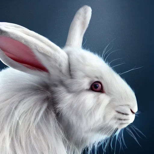 Prompt: profile view of cute fluffy white lop eared bunny rabbit with long colorful flowing lion mane blowing in the wind with mohawk top hairstyle hybrid animal detailed painting 4 k