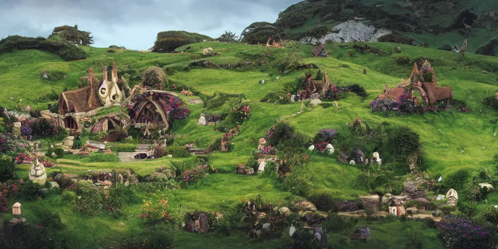 Prompt: a still from howl's moving castle of hobbiton in the shire