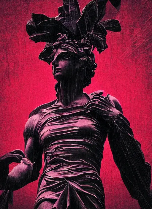 Prompt: dark design poster showing a beautiful greco roman statue, black background with very subtle red and purple design elements, powerful, nekro, vito acconci, thin straight lines, dark, glitch art, neo vaporwave, gritty, layout frame, square, trending on artstation