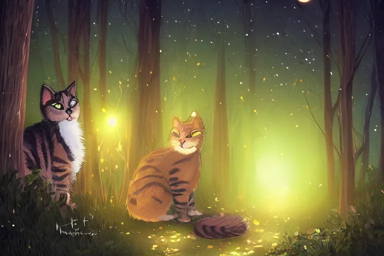 Prompt: a cat in a forest at night with fireflies, backlighting, trending on artstation, furry art, by kawacy, warm lighting, digital art