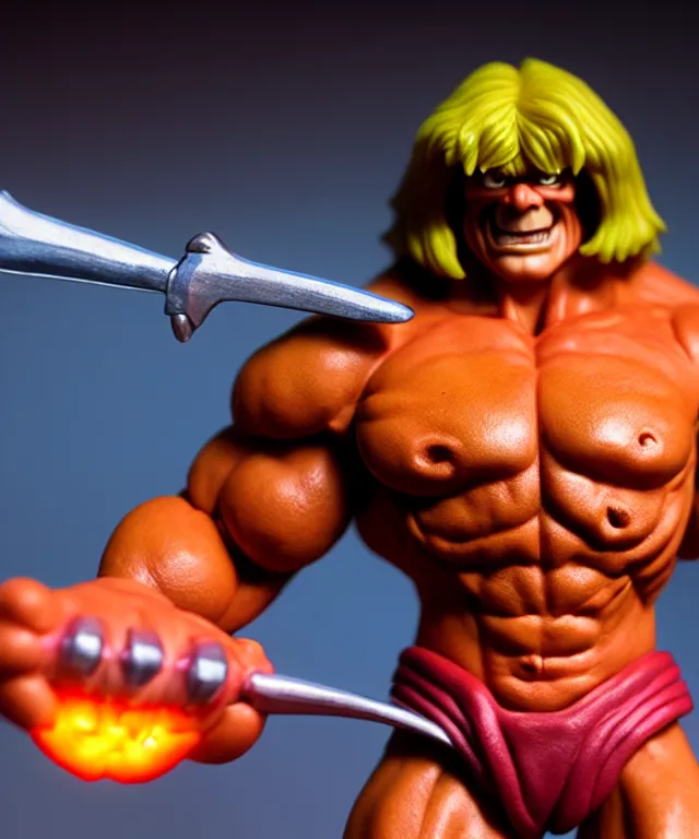 Image similar to hyperrealistic rendering, he - man by art of skinner and richard corben and jeff easley, product photography, action figure, sofubi, studio lighting, colored gels