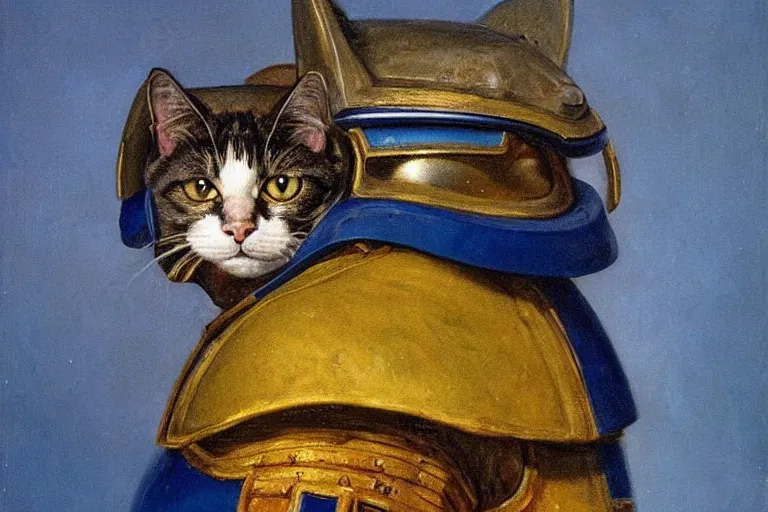 Prompt: a portrait of a cat as a Space Marine from the Warhammer 40k, ultramarine space marine cat, blue armor, glorious, masterpiece painting by Rembrandt. The armour shoulder pad has painted an omega symbol