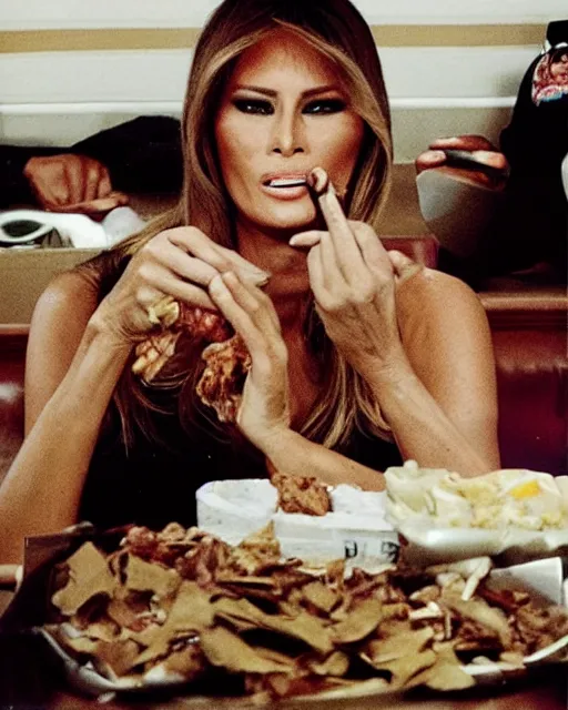 Image similar to Melania Trump eating garbage. Portrait by Annie Leibovitz.