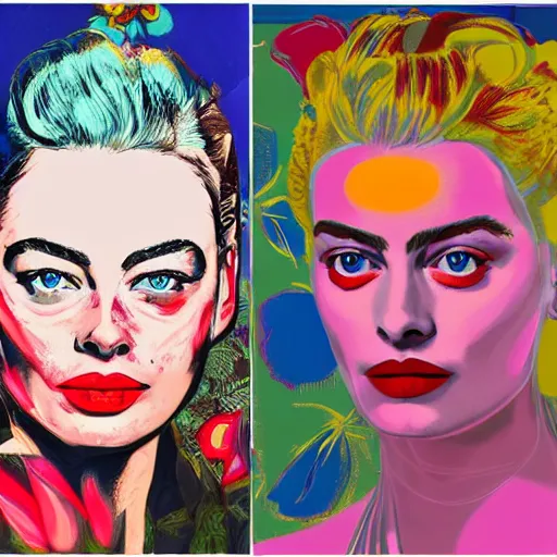 Image similar to detailed oil painting of margot robbie in detail with flowers by james jean, by andy warhol, by frida kahlo