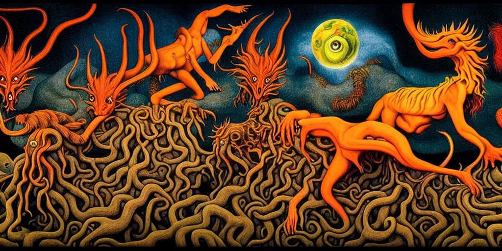 Image similar to fiery wild creatures and monsters in the imaginal realm of the collective unconscious, in a dark surreal painting by johfra, mc escher and ronny khalil