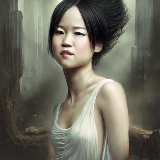 Image similar to like dust, magic gathers in overlooked places, photorealistic portrait of yuja wang in style of tom bagshaw and greg rutkowski. absolutely stunning!, sitting on the palace stairs, symmetrical perfect face, porcelain skin, ultra - detailed, digital art, 8 k