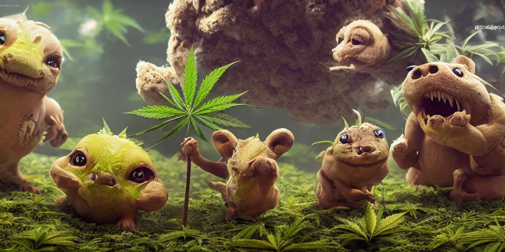 Prompt: a cute cannabis animal fauna creature pet by neville page, ken barthelmey, carlos huante and doug chiang, sharp focus, trending on artstation, hyper realism, octane render, 8 k, hyper detailed, ultra detailed, highly detailed, zbrush, concept art, creature design