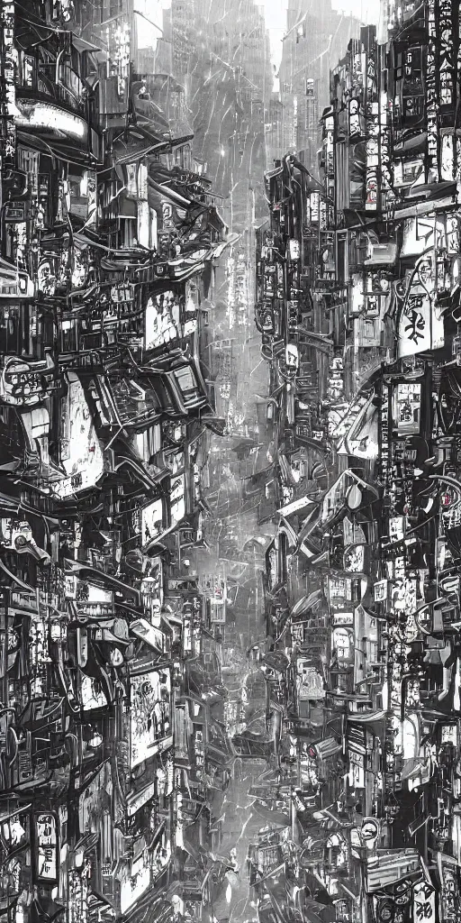 Image similar to manga illustration of poor cyberpunk city, rainy weather, highly detailed,