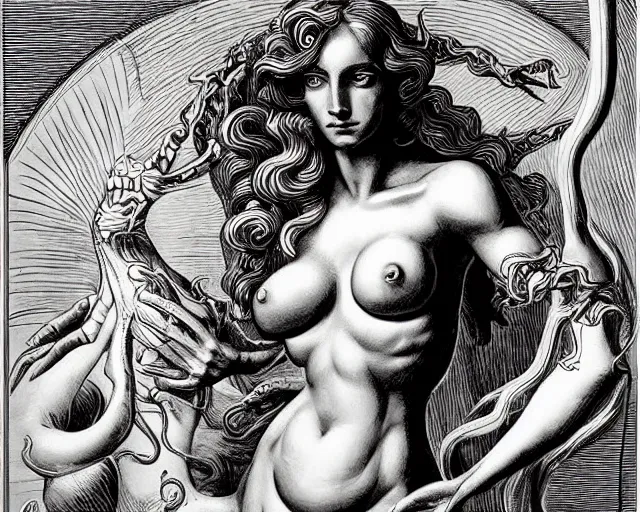 Image similar to extremely symmetrical full length character, eldritch horror creature with the body of a beautiful woman, sculpted by gian lorenzo bernini