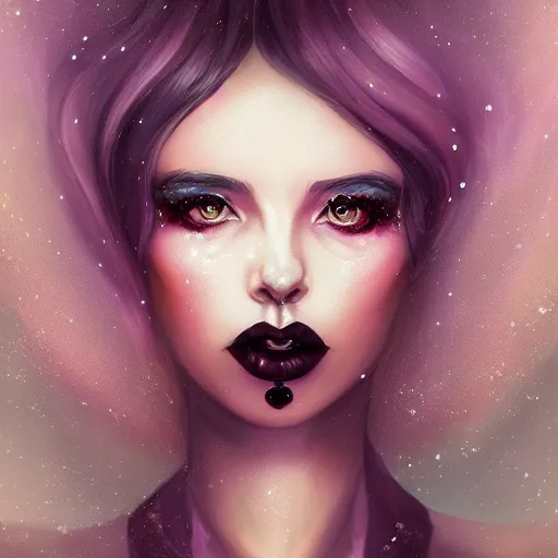 Prompt: portrait of a woman inspired by lois van baarle, charlie bowater, anna dittmann, illustration, iridescent, iridescent hair, face, hair styles, gothic makeup, glitter, self confidence, cinematic 8 k