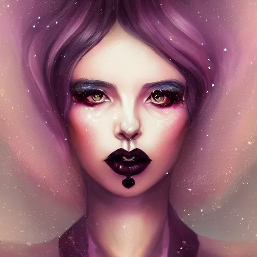 Image similar to portrait of a woman inspired by lois van baarle, charlie bowater, anna dittmann, illustration, iridescent, iridescent hair, face, hair styles, gothic makeup, glitter, self confidence, cinematic 8 k