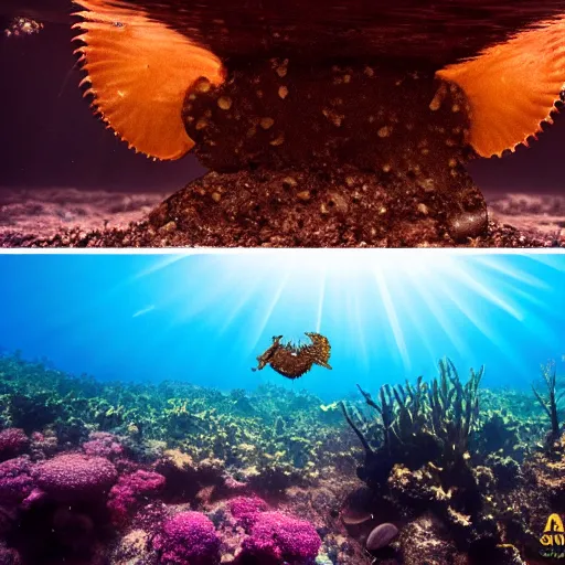 Prompt: real footage of a big anomalocaris hunting a small anomalocaris, underwater photography, sunrays, realistic, 8K, national geographic