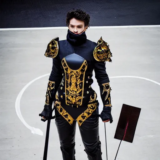 Prompt: High angle shot of Austin Butler dressed in futuristic-baroque duelist-garb and carbon-armor, standing in an arena, XF IQ4, f/1.4, ISO 200, 1/160s, 8K, RAW, unedited, symmetrical balance, face in-frame