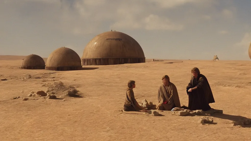 Image similar to film still Luke skywalker watches tatooine binary sunset moisture farm dome house