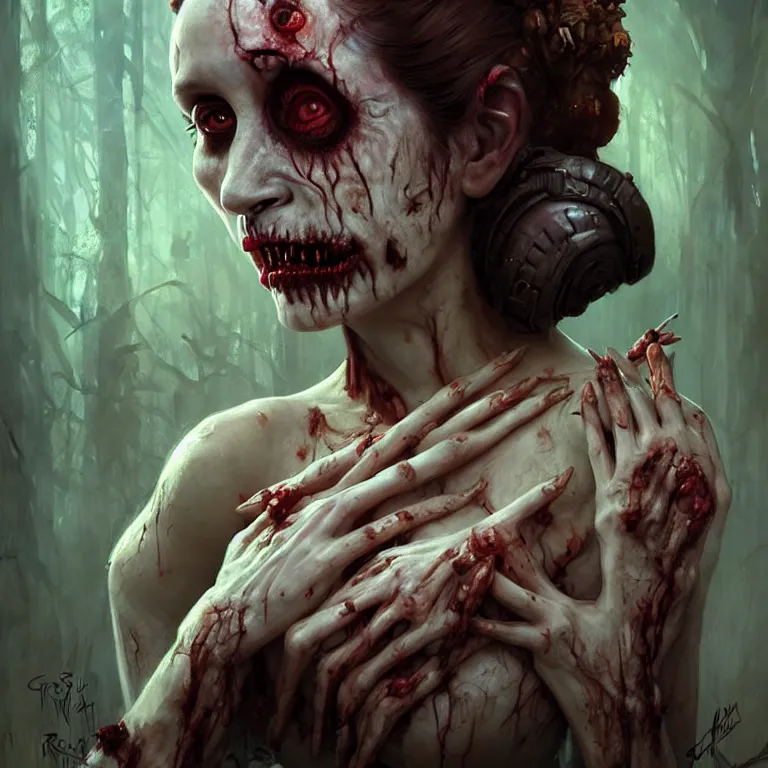 Image similar to scary horrific zombie princess leia dark fantasy, body horror, sores and scars, undead. highly detailed, biopunk, digital painting, by greg rutkowski, artgerm and alphonse mucha