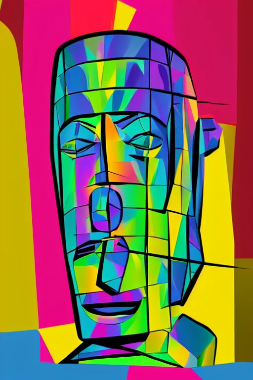 Image similar to cubist moai statue cutout digital illustration cartoon colorful beeple