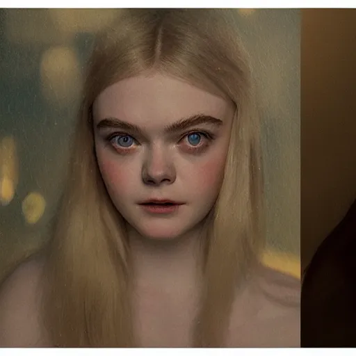 Prompt: Elle Fanning in Santorini in the style of Paola Vetri, head and shoulders portrait, stormy weather, extremely detailed masterpiece, oil on canvas, low-key neon lighting, artstation, Blade Runner 2049, Roger Deakin’s cinematography, by J. C. Leyendecker and Peter Paul Rubens and Edward Hopper and Michael Sowa,