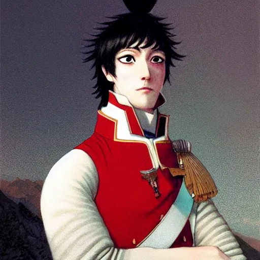 best qualtiy：0.8），（best qualtiy：0.8），Perfect anime illustration，French  soldiers during the Napoleonic period，，（Napoleon French line infantry  uniform），Shy，with short golden hair，blue color eyes，独奏，French officer  triangular hat，Blue ...