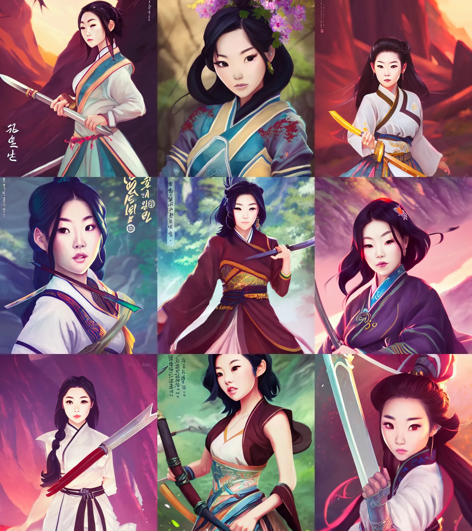 Prompt: a portrait of arden cho chef character in a scenic korean city environment by ross tran and loish, sharp focus, detailed, cinematic, hanbok, radiant sword in her right hand, battle stance