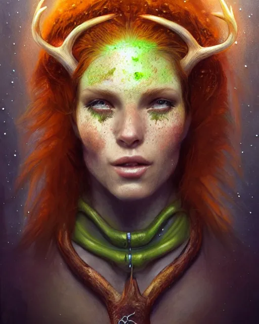 Image similar to female explorer, perfect face, thin antlers, green halter top, ginger hair, abs, cinematic, freckles, stunning, athletic, strong, agile, highly detailed, psychedelic, digital painting, artstation, smooth, hard focus, illustration, art by jessica rossier and and brian froud