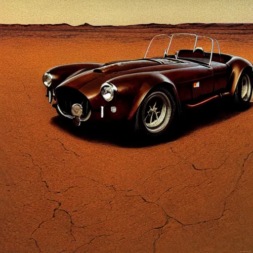 Prompt: closeup of rusty shelby cobra, vine covered, desert, cracked dry lake bed, by Zdzislaw Beksinski, Norman Rockwell, al duke, highly detailed, soft lighting, film grain, 8k resolution, trending on artstation, gallery, award winning, oil on canvas