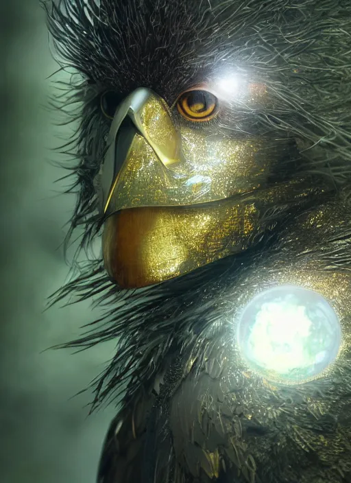 Image similar to glowing silver and golden elements, full close-up zoom portrait of realistic crow, book cover, green forest, white moon, establishing shot, extremly high detail, photo-realistic, cinematic lighting, by Yoshitaka Amano, Ruan Jia, Kentaro Miura, Artgerm, post processed, concept art, artstation, matte painting, style by eddie mendoza, raphael lacoste, alex ross