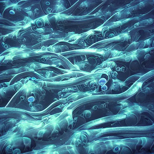 Image similar to “a swarm of dark tentacles underwater, beautiful digital art, underwater photography, deep ocean abyss, dark blue water background”