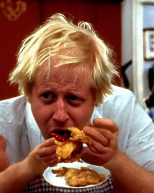 Image similar to film still close - up shot of boris johnson eating fried chicken from the movie monty python's the meaning of life. photographic, photography