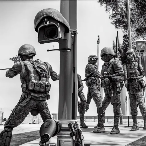 Image similar to the special forces pointing a real sized peanut statue, security camera, black and white, detailed, realistic, 4k