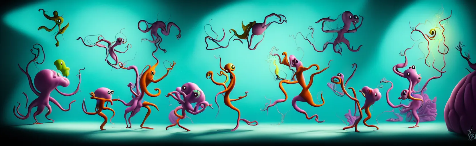 Image similar to whimsical unanny creatures from the depths of imaginal sea, dramatic lighting, surreal fleischer cartoon characters