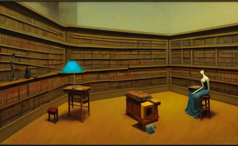 Prompt: Inside a library, Edward Hopper and James Gilleard, Zdzislaw Beksinski, Mark Ryden, Wolfgang Lettl highly detailed, hints of Yayoi Kasuma