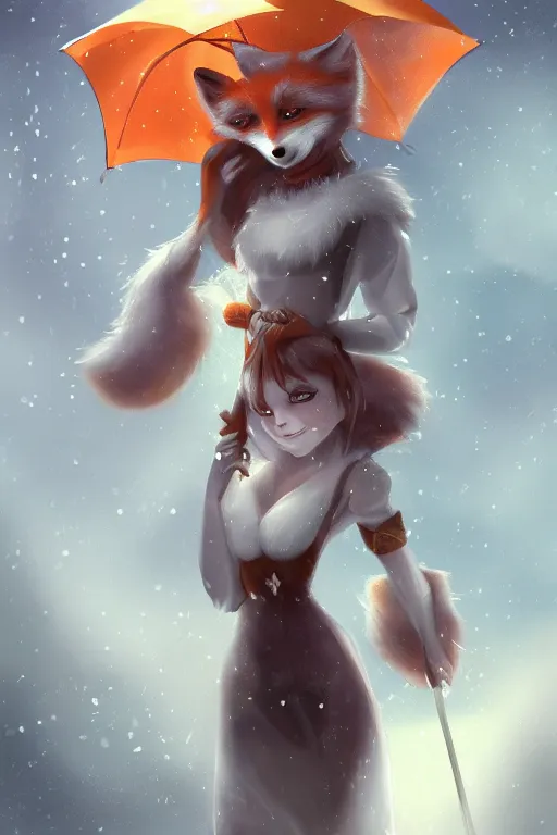 Prompt: a fox princess holding an umbrella, snow, backlighting, trending on artstation, digital art, furry art, trending on furaffinity, fantasy art