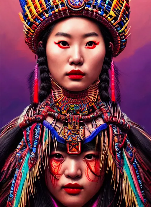 Image similar to portrait of liu yifei, hyper detailed ultra sharp aztec shaman warrior. trending on artstation, warpaint aesthetic, bloodwave, colorful, psychedelic, ornate, intricate, digital painting, concept art, smooth, sharp focus, illustration, art by artgerm and greg rutkowski and h. r. giger, 8 k