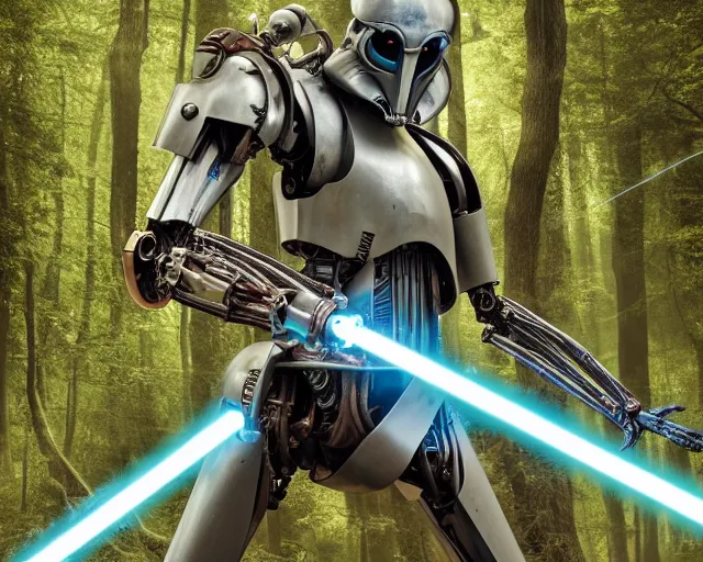 Image similar to photo of starwars general grievous with heavy duty biomechanical hydraulic cybernetic body and 4 arms holding unsheated lightsabers in the forest. cyberpunk horror style. highly detailed 8 k. intricate. nikon d 8 5 0 5 5 mm. award winning photography. art by hr giger