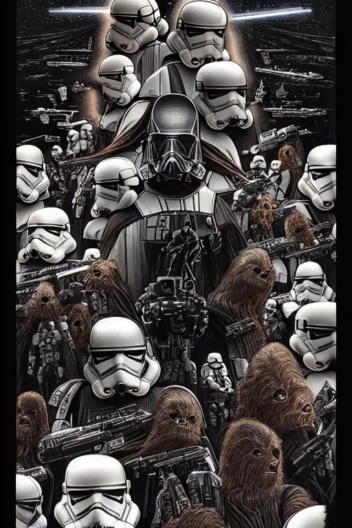 Image similar to platonic ideal of han solo, nazgul mandelbulb, deathstar, millenium falcon, detailed, stormtroopers, darth vader, action pose, intricate, volumetric lighting, moebius, geof darrow, dan mumford, alphonse mucha, poster,