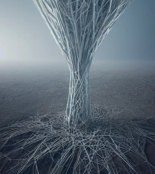 Image similar to surreal tower made of white crystalized aerial iridecent veins, inverted white roots in the floor, in the desert, foggy sky, dark night, octane render, unreal engine, pale colors, high detail, 8 k, wide angle, trending on artstation, behance