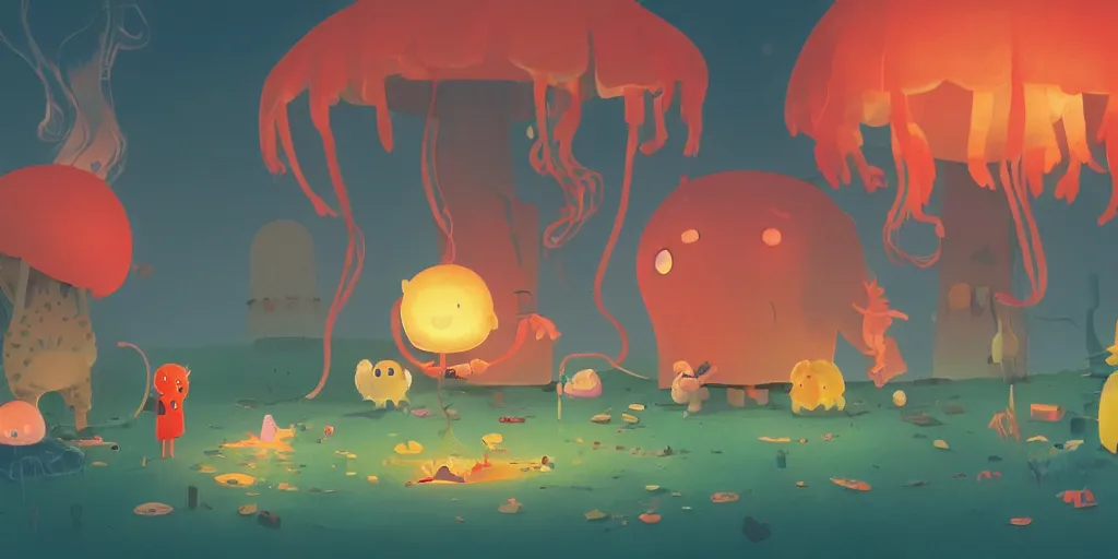 Prompt: cute cartoon monsters and jellyfish around a campfire at night by goro fujita and simon stalenhag and wes anderson and alex andreev and chiho aoshima and beeple and banksy and kandinsky and magritte and basquiat and picasso, 8 k, trending on artstation, hyper detailed, cinematic