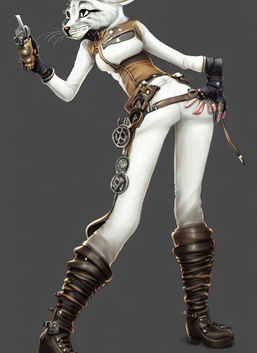 Prompt: wide angle beautiful full body portrait of a strong female anthropomorphic anthro lynx fursona wearing a steampunk leather pants. from behind, character design by disney, anime, manga, charlie bowater, ross tran, artgerm, and makoto shinkai, detailed, soft lighting, rendered in octane, white fur