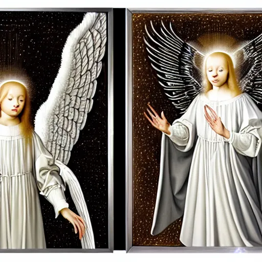 Image similar to highdetailed hyperrealistic painting of white angel!!! no gender smiling noface!!!, light instead of hands, white sparkles everywhere, 4 k hd face!!!, big silver high detailed wings!!!, renaissance, by jan van eyck, holography space, glow effect, large strokes, monochrome!!!!!