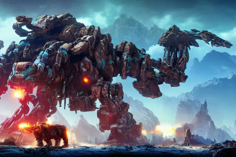 Image similar to tremortusk machine mecha animal beast robot of horizon forbidden west horizon zero dawn bioluminiscence global illumination ray tracing hdr fanart arstation by sung choi and eric pfeiffer and gabriel garza and casper konefal