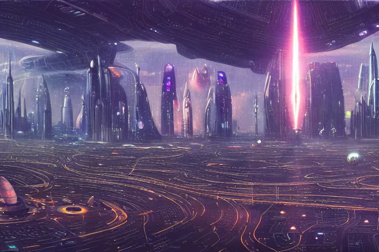 Prompt: Epic science fiction cityscape. In the foreground is a spaceport with spaceships taking off and landing, in the background alien skyscrapers and futuristic highrise. Rain and lightning. Stunning lighting, sharp focus, extremely detailed intricate painting inspired by Moebius and by Jean Giraud