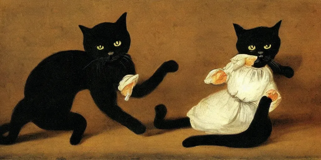 Prompt: painting of a cute Black Cat dancing like a ballerina by Rembrant.