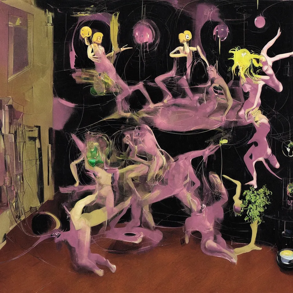 Image similar to Man and woman start to bounce in a living room of a house, floating dark energy surrounds the middle of the room. There is one living room plant to the side of the room, surrounded by a background of dark cyber mystic alchemical transmutation heavenless realm, cover artwork by francis bacon and Jenny seville, midnight hour, part by adrian ghenie, part by jeffrey smith, part by josan gonzales, part by norman rockwell, part by phil hale, part by kim dorland, artstation, highly detailed