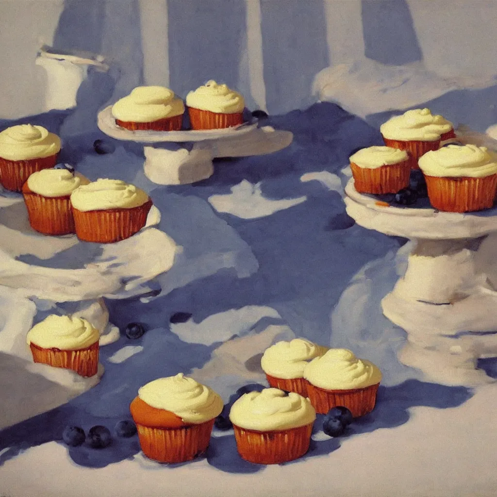 Prompt: painting of blueberry cupcakes with creme topping by Edward Hopper