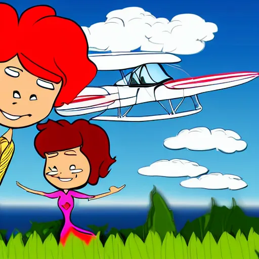 Prompt: pilot and red haired mermaid flying in a cessna airplane, style of Jetsons, cartoon,