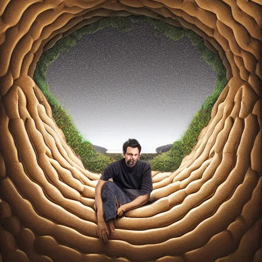 Image similar to man living inside a bread seen from outside, hyper detailed