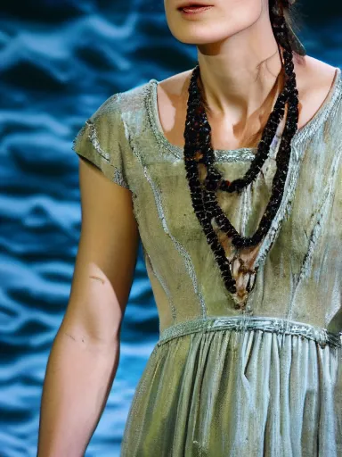 Image similar to a photograph of Keira Knightley with seashell necklace from the stage production of The Tempest taken with Nikon D3500, 4K UHD, high detail, photo realistic