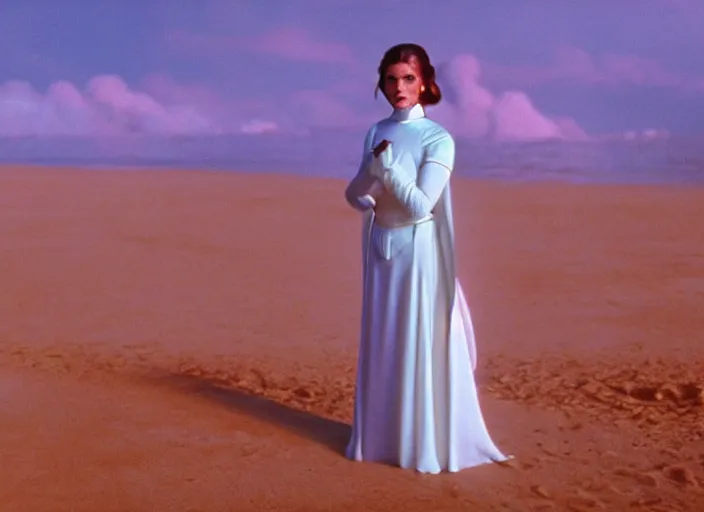 Prompt: glamour portrait of Princess Leia, played by Carrie Fischer, lightsaber training on beach planet, iconic scene from the 1980s film directed by Stanley Kubrick, kodak stock, cinematic lighting, hyper real, stunning cinematography, with anamorphic lenses, crisp, detailed portrait, 4k image