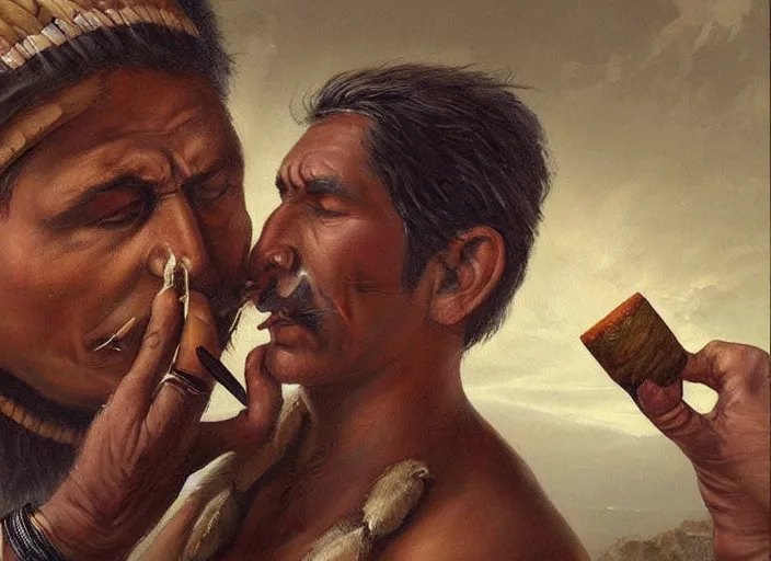 Image similar to a beautiful painting of an indigenous man blowing tobacco snuff into the nose of another man , fantasy art, matte painting, highly detailed