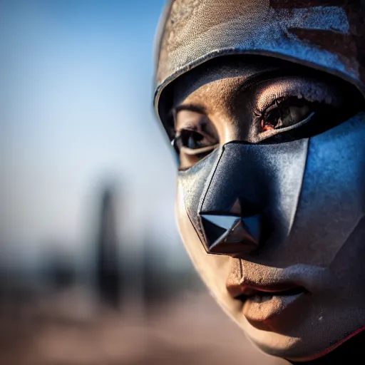 Image similar to photographic portrait of a poor techwear woman holding back tears, a futuristic shanty town burns in the background, closeup, sigma 85mm f/1.4, 4k, depth of field, high resolution, 4k, 8k, hd, full color